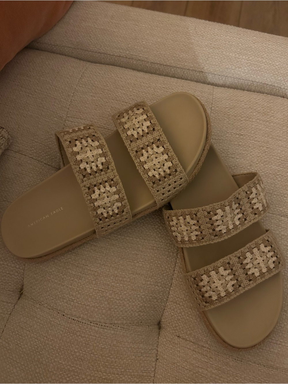 American Eagle Outfitters Tan Crochet Double-Strap Slide Sandals